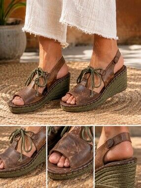High Sierra Brown Leather Espadrille Wedge Sandals Olive Lace Up Size 8 boho